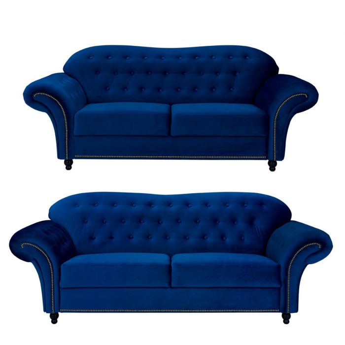 2 Seater Sofa Set Blue French Velvet Fabric, French Chesterfield Sofa Set