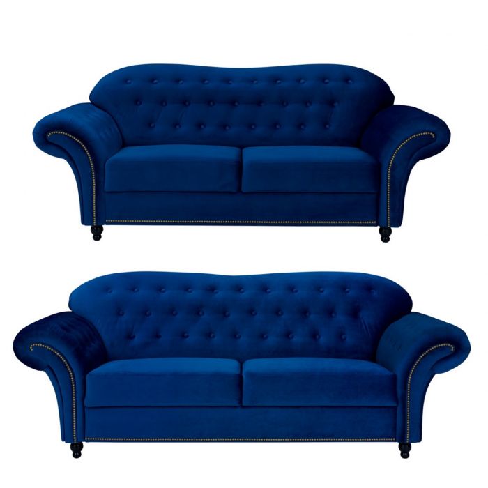 Hilton Chesterfield Style 3 2 Seater Sofa Set Blue French Velvet Fabric 2 Seater Sofa Set Blue French Velvet Fabric, French Velvet Chesterfield Sofa
