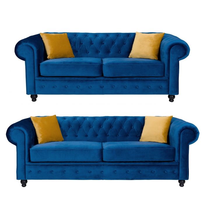 2 Seater Sofa Set Blue French Velvet Fabric, French Velvet Chesterfield Sofa