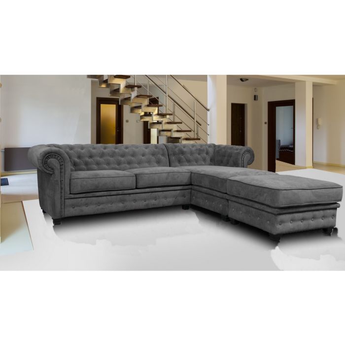 Chesterfield Velour Fabric Corner Sofa Right Hand Side With Footstool
