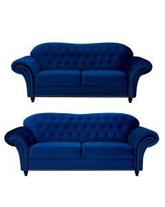 Beso Chesterfield Style 3+2 Seater Sofa Set Blue French Velvet Fabric -3+2 Set 