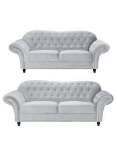 Beso Chesterfield Style 3+2 Seater Sofa Set Silver French Velvet Fabric -3+2 Set 
