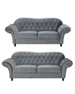 Beso Chesterfield Style 3+2 Seater Sofa Set Grey French Velvet Fabric -3+2 Set 