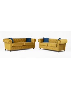 Hilton Chesterfield Style 3+2 Seater Sofa Set Mustard French Velvet Fabric -3+2 Set 