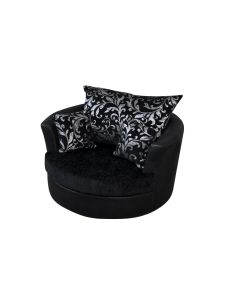 Joy Swivel Cuddle Chair Black Silver Chenille Fabric and Leather 